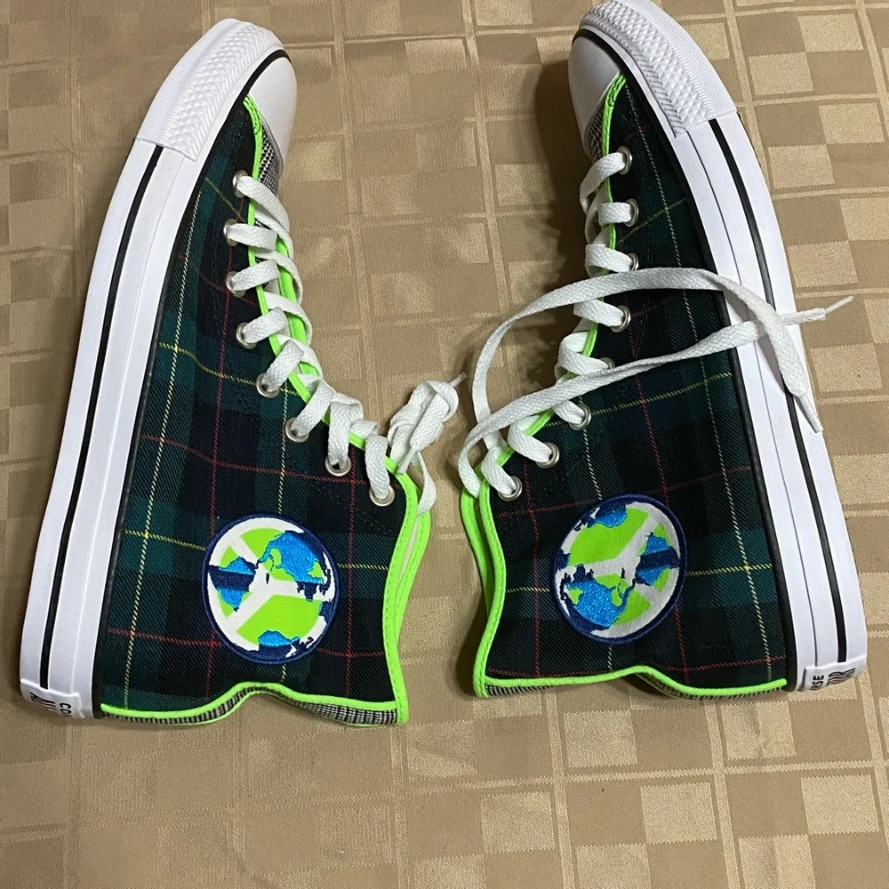 Converse High Top Sneakers Green Plaid with Neon Green Trim